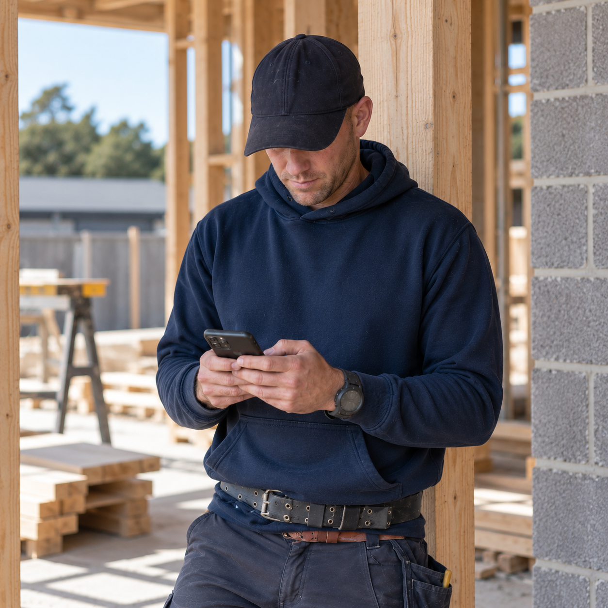 A builder checking his phone on a timber-framed building site