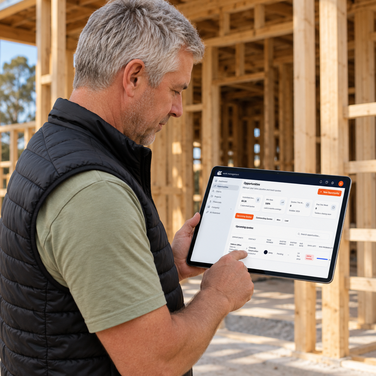 Builder reviewing the TradesStack opportunities dashboard on a tablet on site