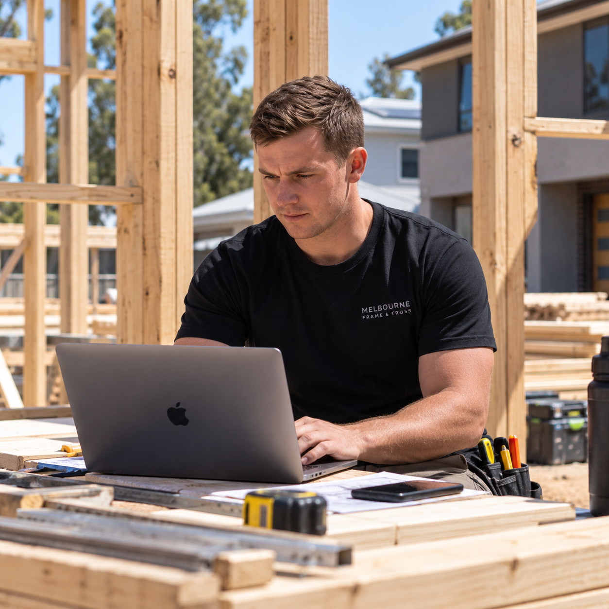 A builder working on a laptop on a timber-framed building site